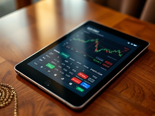 고급스러운 나무 테이블 위에 놓인 태블릿에 표시된 클로즈업된 주식 시장 앱 인터페이스, 날카로운 초점으로 세부 통계와 실시간 주식 시세를 보여주고 신중한 금융 의사 결정의 중요성을 강조하는 태블릿, 투자 및 기술의 정교함을 강조하는 샷