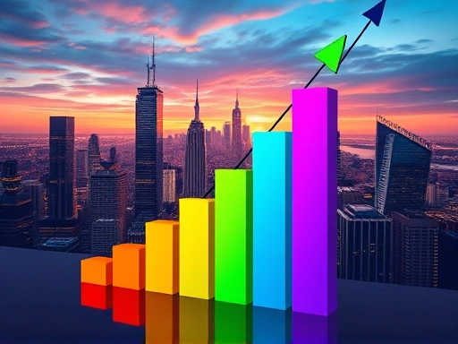 다채로운 색상의 막대 그래프가 상승 추세를 나타내며, 역동적인 도시 풍경을 배경으로 미래 지향적인 느낌을 주는 펀드 투자 콘셉트 이미지