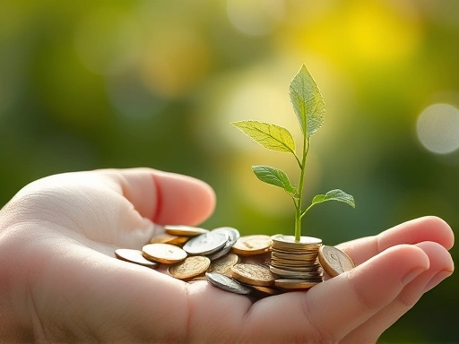 성장하는 식물과 동전으로 덮인 손을 클로즈업하여 재정적 성장과 투자의 개념을 상징적으로 표현하고, 따뜻하고 희망적인 분위기
