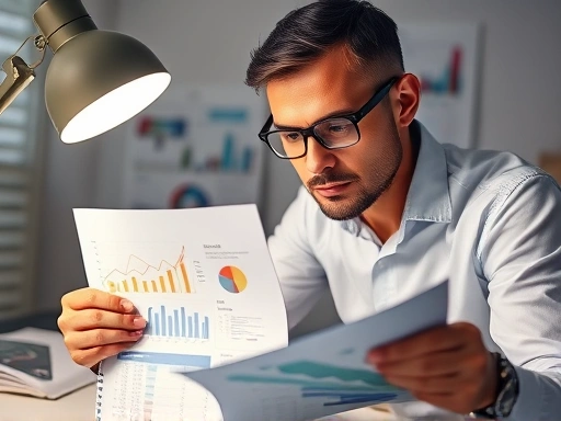 다양한 그래프와 차트가 있는 금융 보고서를 분석하는 분석가의 모습