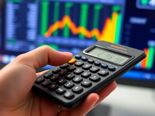 손에 쥔 계산기와 모니터에 표시된 펀드 투자 관련 데이터 클로즈업 이미지