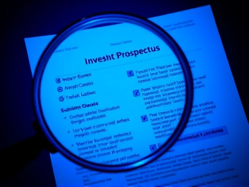 돋보기로 투자 설명서의 중요 부분을 확대하여 보여주며, 푸른색 조명을 사용하여 정보의 신뢰성과 중요성을 강조합니다.