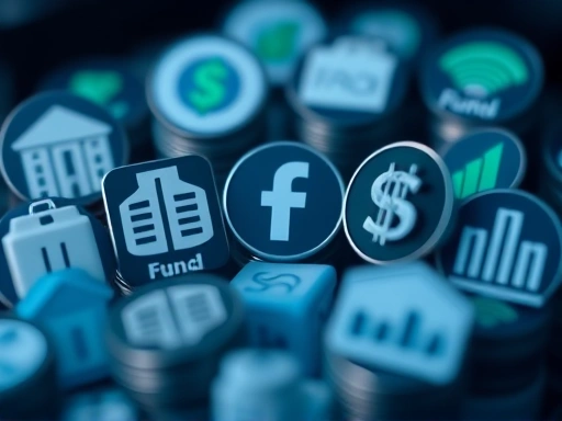 각기 다른 펀드 유형을 나타내는 상세한 아이콘, 세부 사항에 초점을 맞춘 클로즈업 샷과 미묘한 조명으로 재무적 통찰력과 복잡성에 대한 느낌을 전달합니다.