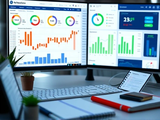 성장하는 차트, 분석 도구 및 노트북이 있는 역동적인 투자 작업 공간을 클로즈업하여 보여주는 두 번째 이미지