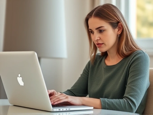 한 여성이 노트북으로 펀드 투자 정보를 확인하며, 차분한 분위기