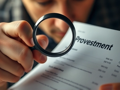 돋보기로 투자 설명서를 자세히 살펴보는 클로즈업 이미지