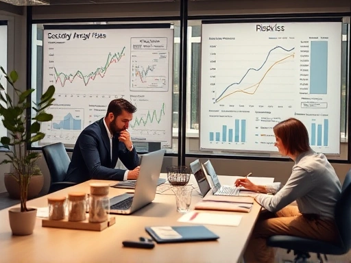 다양한 펀드 유형과 관련된 위험을 설명하는 그래프와 차트가 있는 사무실에서 일하는 분석가의 주요 장면