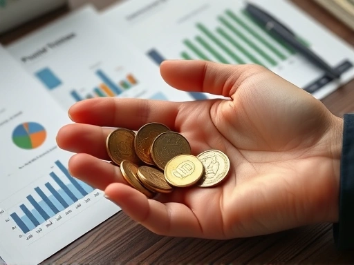 손에 든 동전과 펀드 투자 관련 차트가 놓인 책상, 신중한 재정 계획과 투자 전략을 상징하는 클로즈업 샷으로 안정감과 신뢰감을 주는 이미지