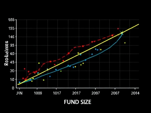 펀드 규모와 수익률 간의 복잡한 관계를 시각적으로 보여주는 그래프, 밝은 조명과 분석적인 분위기