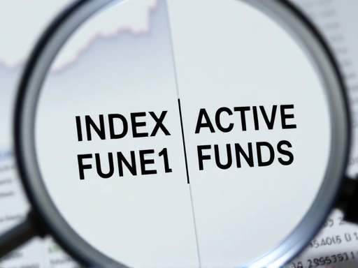 돋보기 아래 인덱스 펀드와 액티브 펀드가 대비되어 있으며, 분석적인 분위기
