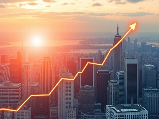 역동적인 도시 스카이라인을 배경으로 밝게 빛나는 그래프가 상승 추세를 나타내며, 희망찬 분위기