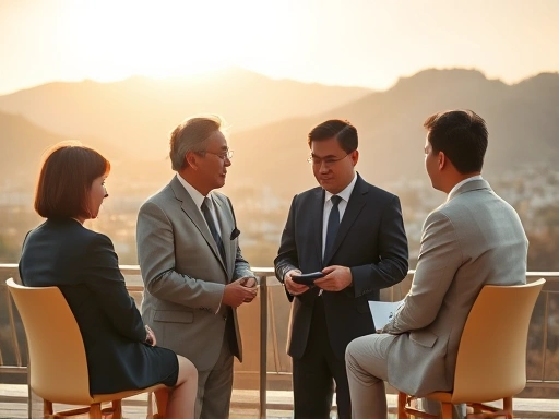 한국적인 풍경을 배경으로 펀드 투자 전략을 논의하는 투자자들의 모습