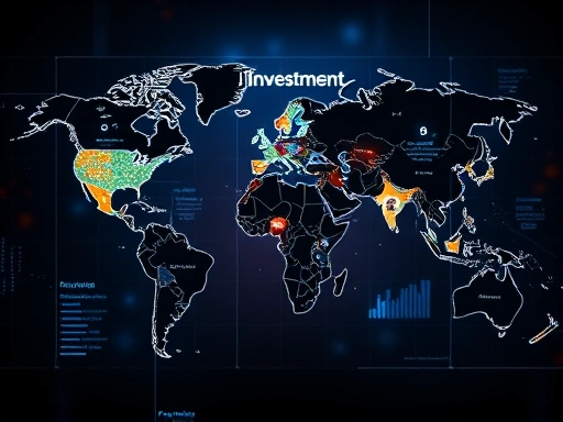 세계 지도 위에 펀드 투자 정보를 시각적으로 표현, 데이터 그래프와 화폐 이미지