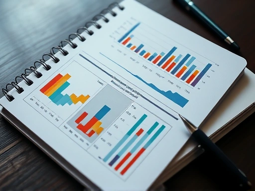 다양한 색상과 질감으로 디자인된 그래프와 차트가 있는 노트북을 보여주는 고각 샷, 데이터 분석 및 금융 트렌드에 대한 집중을 나타내는 시각적 스타일로 전문적인 분위기