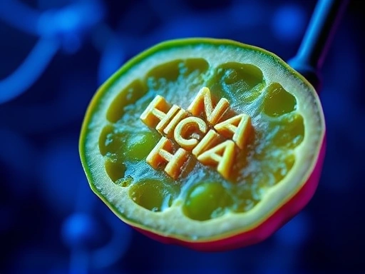 미세한 확대 사진으로 가르시니아 캄보지아 열매의 단면과 그 안에 함유된 HCA 분자를 형상화한 이미지