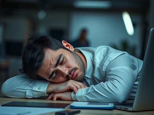 한 남성이 지친 표정으로 책상에 엎드려 있고, 어두운 사무실 조명과 흐릿한 배경이 피로와 스트레스를 강조하는 첫 번째 이미지