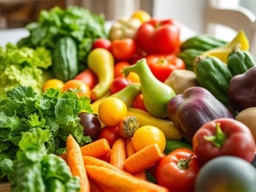 신선한 채소와 과일이 담긴 식탁을 클로즈업하여 촬영하고, 밝고 자연스러운 조명이 건강한 식단의 중요성을 강조하는 두 번째 이미지