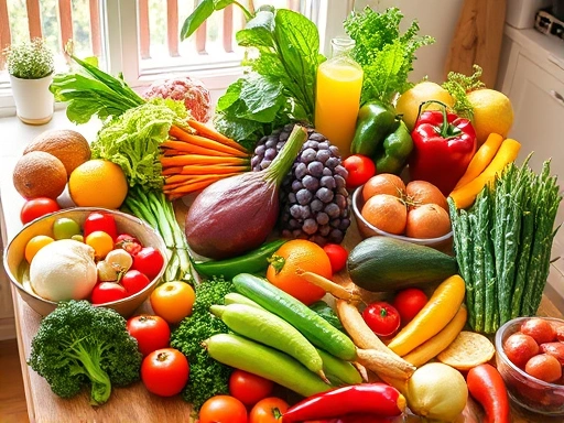 다양한 채소와 과일이 풍성하게 담긴 식탁, 건강한 간을 상징하는 밝고 활기찬 분위기