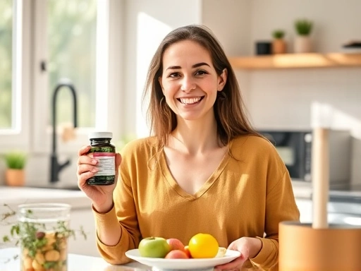 활기찬 여성이 간 건강 보조제를 들고 미소짓고 있으며, 햇빛이 잘 드는 부엌에서 건강한 아침 식사를 준비하는 모습