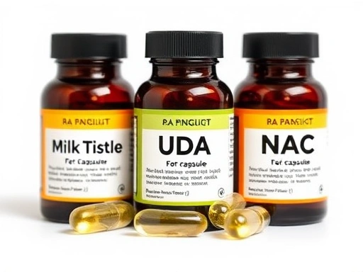 각각 밀크씨슬, UDCA, NAC 캡슐이 클로즈업되어 있으며, 라벨의 성분 정보가 명확하게 보입니다.