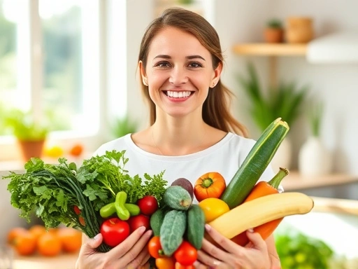 활기찬 여성이 신선한 채소와 과일을 손에 들고 미소짓고 있으며, 햇빛이 잘 드는 부엌에서 건강한 라이프스타일을 보여주는 밝고 따뜻한 분위기