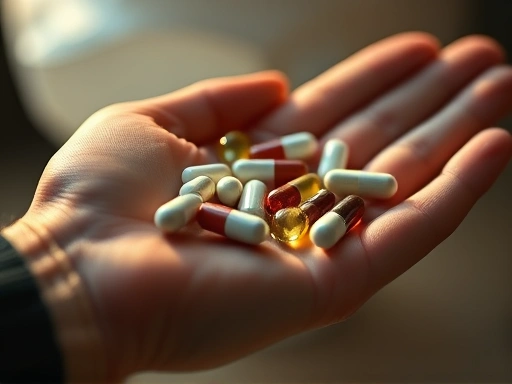 클로즈업된 알약과 캡슐들이 손 위에 놓여 있고, 따뜻한 색감의 조명이 사용되어 세심한 건강 관리를 상징적으로 보여주며, 안정감과 신뢰감을 주는 두 번째 이미지