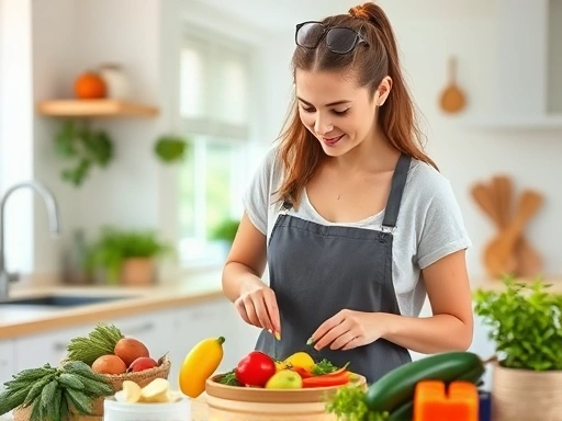 건강한 식단을 차리는 여성, 밝고 따뜻한 주방, 음식 재료 강조, 건강과 웰빙 분위기