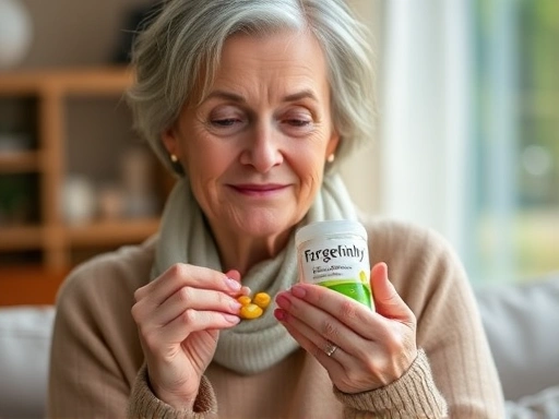 건망증 개선 보충제를 들고 있는 중년 여성의 모습