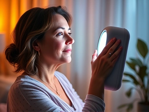 밝은 빛이 쏟아지는 방 안에서 광선 치료 기기를 사용하는 여성의 모습