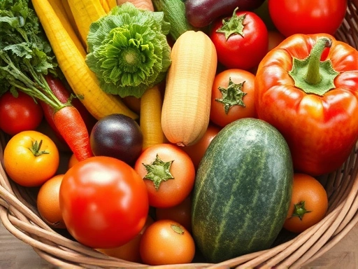 다양한 색상의 과일과 채소가 담긴 바구니를 클로즈업한 이미지