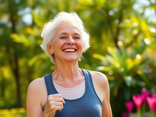 밝고 건강한 노인이 활짝 웃으며 야외에서 가벼운 운동을 즐기는 모습