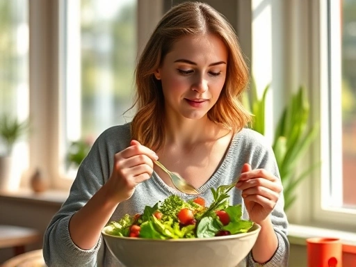 실내에서 햇빛을 받으며 샐러드를 먹는 여성, 자연광이 부드럽게 비추고 따뜻한 색감으로 건강한 분위기