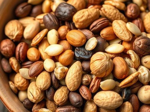 다양한 종류의 견과류와 씨앗이 담긴 그릇 클로즈업, 접사 촬영으로 질감을 강조하고 따뜻한 조명으로 풍부한 영양을 상징합니다.