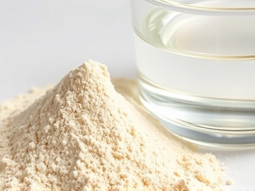 클로즈업된 차전자피 가루와 물이 담긴 컵을 촬영하여, 차전자피가 수분을 흡수하는 과정을 시각적으로 보여줍니다.