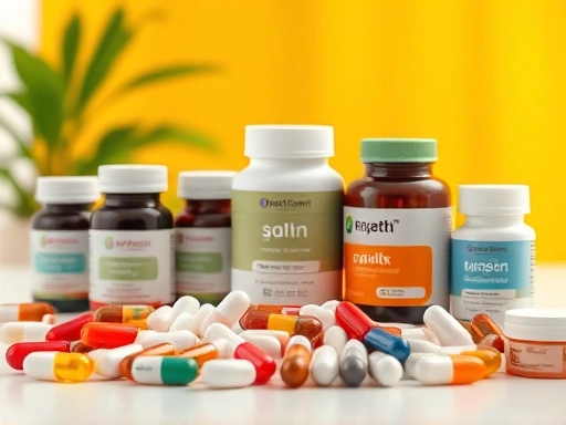 다양한 관절 건강 보조제를 보여주는 밝고 활기찬 정물 사진, 각각의 알약과 캡슐이 전문적으로 배열되어 있으며 따뜻한 자연광이 전반적인 건강 및 웰빙 분위기