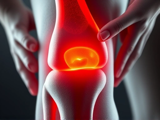관절 부위의 클로즈업 샷, 촉각적인 질감과 부드러운 조명을 사용하여 연골에 대한 보충제의 이점을 상징적으로 전달하고 관절염의 편안함과 이동성을 나타냅니다.