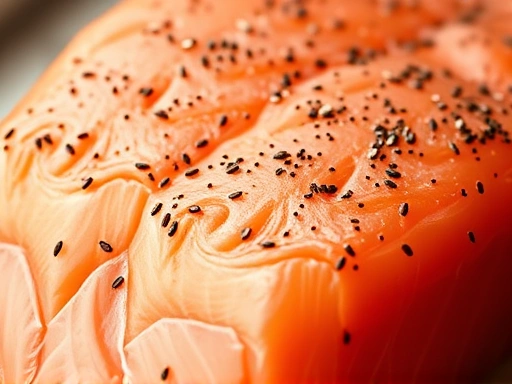 오메가-3 지방산이 풍부한 연어 클로즈업, 생생한 색감과 섬세한 질감으로 영양 가치를 강조하는 두 번째 이미지