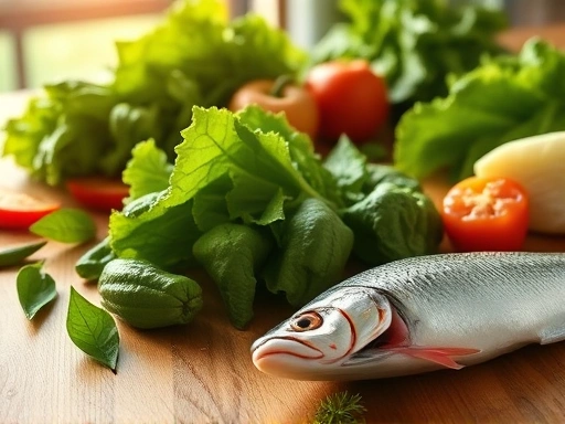 녹색 잎이 무성한 채소와 생선이 담긴 식탁의 클로즈업 샷은 눈 건강을 촉진하는 영양소가 풍부한 식단의 중요성을 강조하며 따뜻한 자연광은 건강과 웰빙의 느낌을 불러일으킵니다.