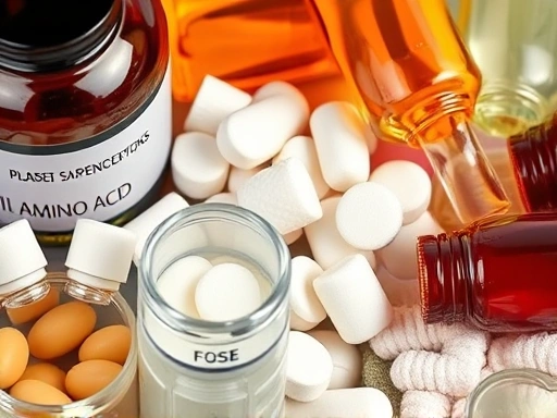 다양한 아미노산 보충제를 클로즈업하여 보여주는 이미지