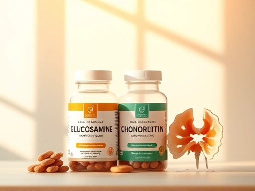 따뜻한 자연광 아래, 정갈하게 놓인 글루코사민과 콘드로이틴 영양제 병 두 개가 나란히 놓여 있고, 그 옆에는 연골 구조를 단순화한 미니어처 모형이 함께 있어 관절 건강 보조제임을 암시합니다.