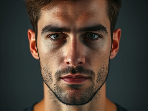 정면을 향한 남성의 얼굴 클로즈업, 고급스러운 스튜디오 조명과 차분한 색조로 자신감과 세련된 분위기