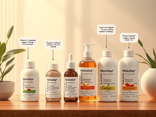 탈모 방지 제품 라인을 보여주는 테이블, 제품의 주요 성분을 강조하는 세부 묘사와 따뜻한 조명으로 신뢰감을 더합니다.