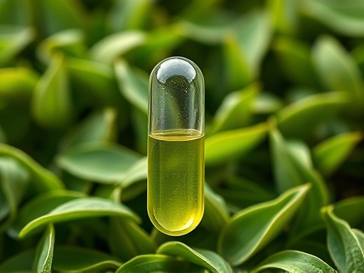 싱그러운 녹차 잎이 가득한 배경 앞에, 투명한 캡슐 안에 담긴 녹차 추출물이 클로즈업되어 있습니다.