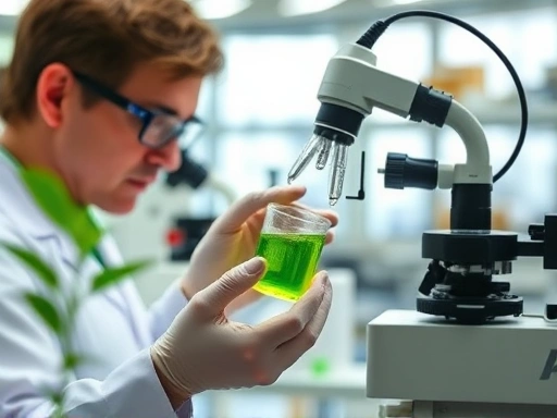 현대적인 실험실 환경에서 연구원이 녹차 추출물 샘플을 분석하고 있습니다.