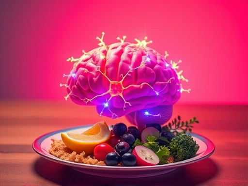 신경세포가 풍부한 밝은 뇌, 건강한 식단을 강조하는 접시, 따뜻한 색상과 부드러운 조명으로 활기차고 긍정적인 분위기