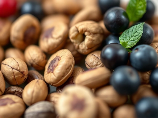 뇌 건강을 상징하는 클로즈업된 견과류와 베리, 영양소의 중요성을 강조하는 세부 묘사, 전문성을 강조하는 부드러운 초점과 차분한 조명으로 안정감을 주는 두 번째 이미지