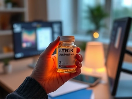 눈이 편안하게 감싸이는 따뜻한 색조의 부드러운 조명 아래, 책상에서 작업하는 사람의 눈의 피로를 덜어주는 루테인 보충제를 들고 있는 모습