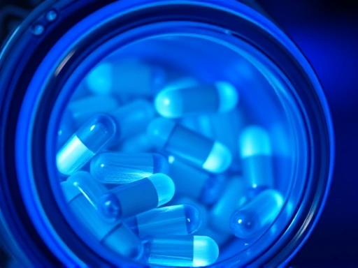 세련된 병에 담긴 오메가3 캡슐을 클로즈업하여 보여주며, 차가운 푸른 조명으로 시원한 느낌과 눈 건강에 필수적인 요소를 강조함.