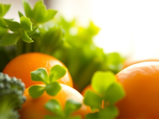 클로즈업 샷, 밝은 조명, 싱그러운 녹색 채소와 오렌지, 건강한 눈을 상징하는 신선하고 활기찬 분위기