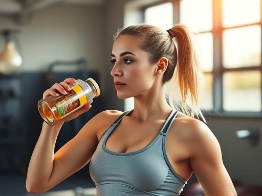 활기찬 여성이 운동 후 보충제를 마시며, 햇빛이 비치는 헬스장에서 건강과 활력을 표현하는 첫 번째 이미지